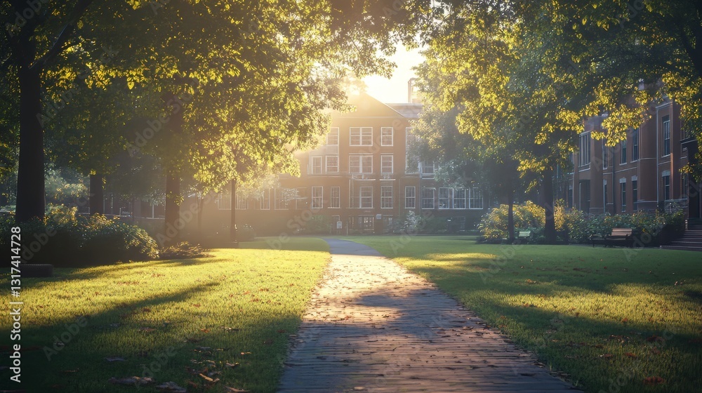 Obraz premium Serene morning light on a tranquil campus pathway surrounded by lush greenery.