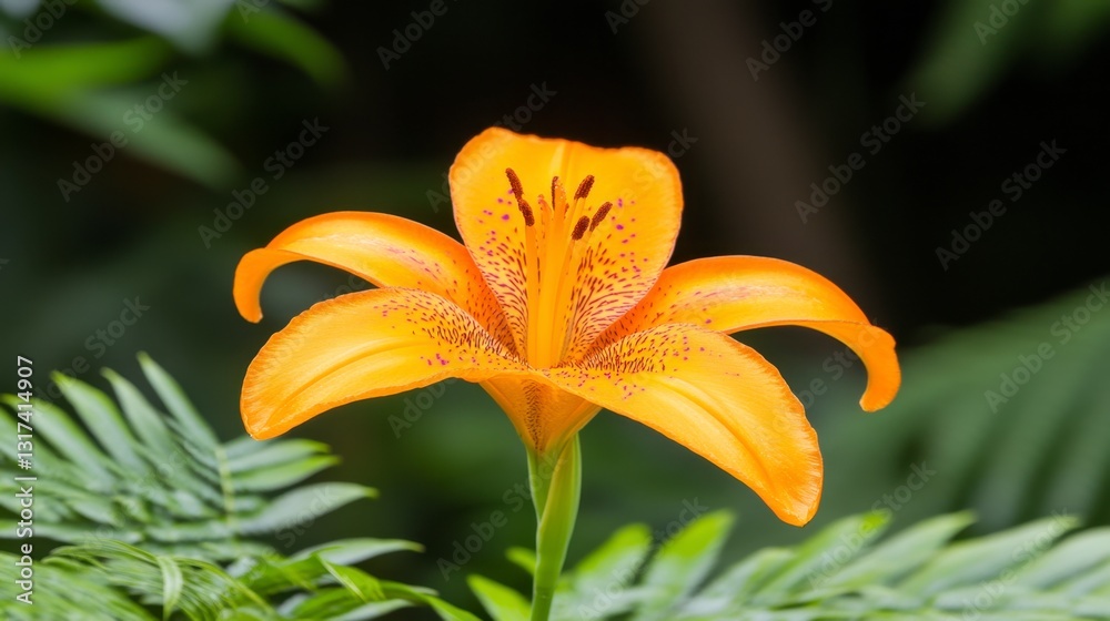 Vibrant orange lily with dark reddish purple spots, close up view against a blurred green foliage background. The flower is sharply in focus, showcasing its delicate petals and details. Vibrant orange lily with dark reddish purple spots, close up view against a blurred green foliage background. The flower is sharply in focus, showcasing its delicate petals and details.