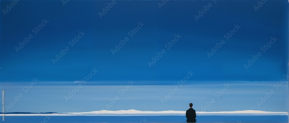 Fototapeta premium lone man sitting in the seaside minimalist peacefull illustration
