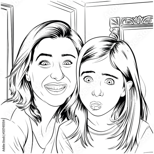 Black and White Illustration of a Mother and Daughter with Expressive Faces