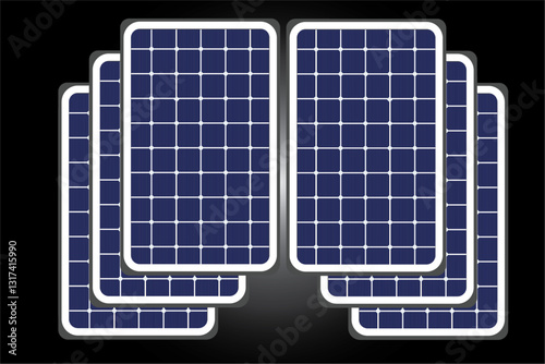 Blue solar panels with white borders, arranged in a symmetrical overlapping pattern on black.