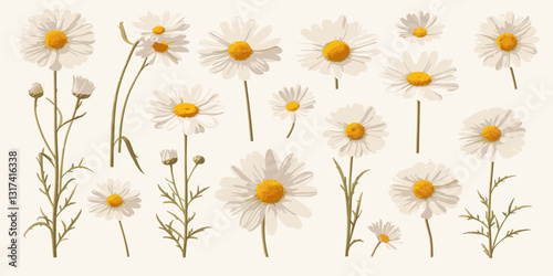 Flat daisy icons set: elegant vector style of floral elements.