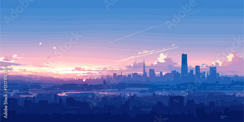 Flat vector icons set of urban cityscape at sunset with skyline and clouds.