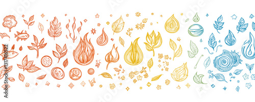 Linear style nature elements icons set - colorful vector of leaves, flames, and water droplets.