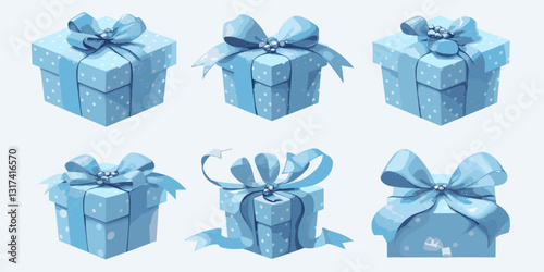 Flat icon set: blue gift boxes with bows in festive design - vector style.