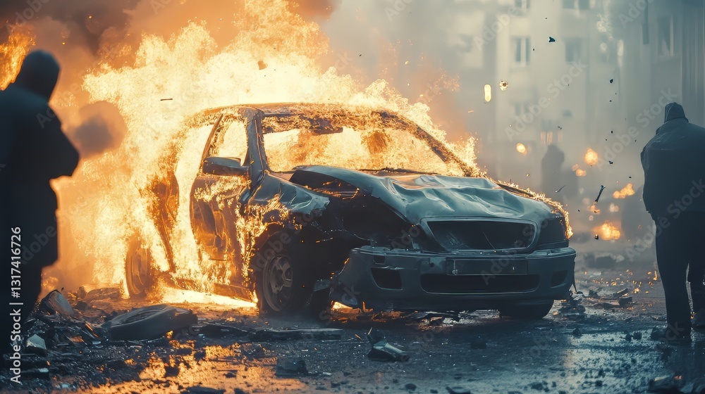 Obraz premium A burning car in an urban environment, surrounded by smoke and chaos.
