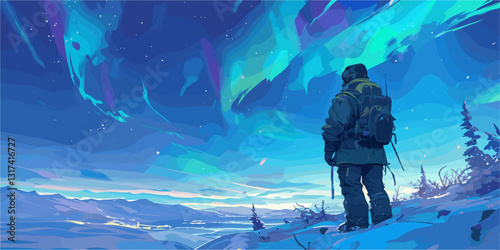 Adventurer watching northern lights in snowy landscape at night, flat style, icons set, vector.