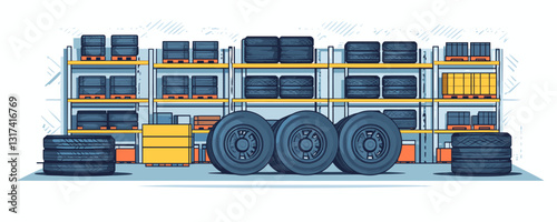 Tire and shelf warehouse storage icons set in flat style vector.