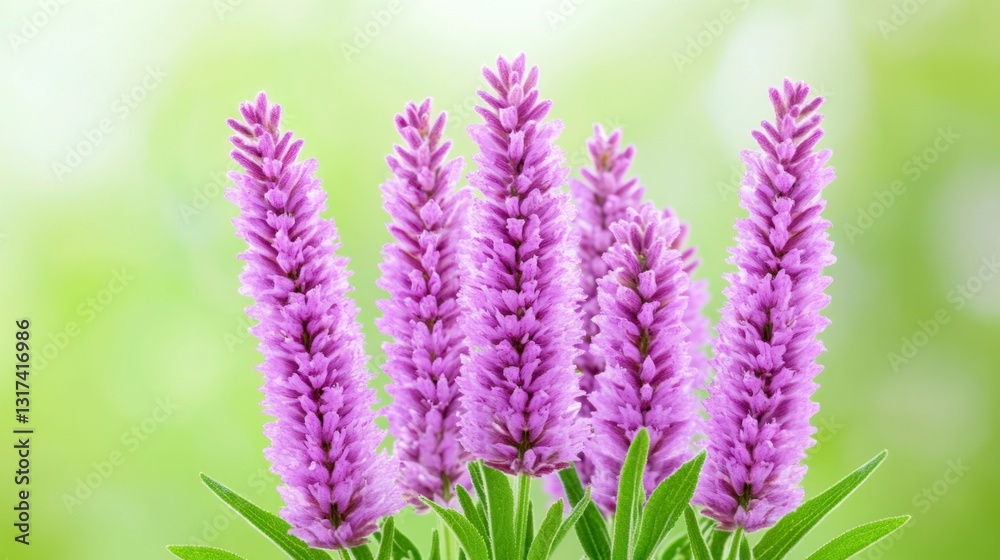 Close up view of vibrant purple flowers with slender, spiky blooms against a soft green blurred background. The image evokes a sense of serenity and natural beauty. Close up view of vibrant purple flowers with slender, spiky blooms against a soft green blurred background. The image evokes a sense of serenity and natural beauty.