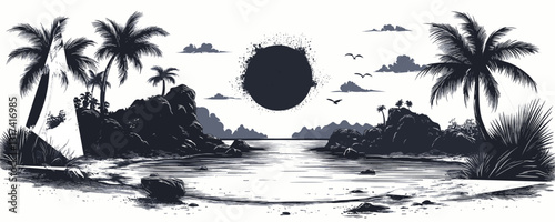 Monochrome flat vector icons set of tropical landscape with palms and birds at sunset.