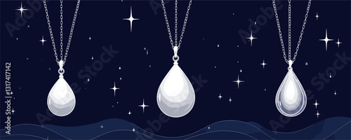 Flat icons set of shiny silver jewelry pendants with chains on dark starry background.