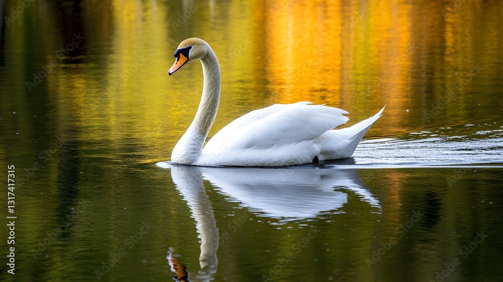 A swan gracefully floating on a calm lake A swan gracefully floating on a calm lake