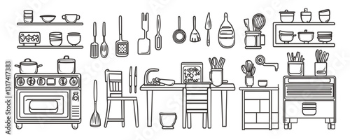 Flat linear kitchen icons set featuring kitchenware and appliances in vector style.