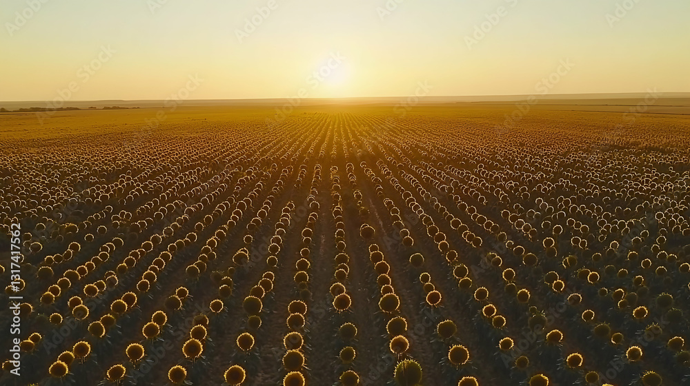 Fototapeta premium Sunset over vast sunflower field, aerial view. Ideal for agriculture, nature, and travel websites