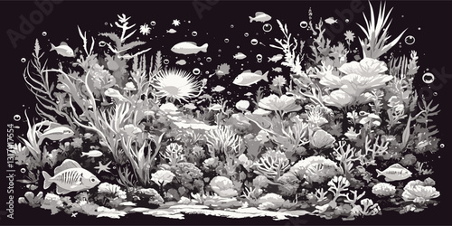 Linear flat icons set of underwater marine life with fish and coral in monochrome vector style.