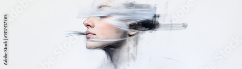 Woman's profile emerges through bold, free-flowing charcoal strokes. Her features are suggested rather than fully defined, blending into textured smudges that evoke an emotional feel