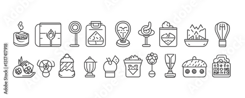 Linear flat icons set of adventure and outdoor activities.