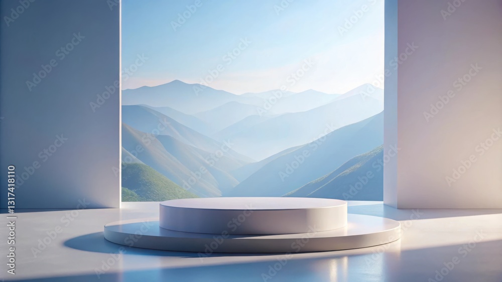 Fototapeta premium A Minimalistic White Platform Showcases a Breathtaking View of Serene Mountains and a Hazy Sky