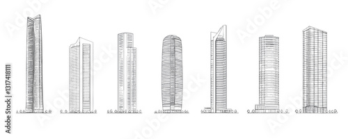 Flat linear icons set of skyscraper buildings in city skyline, vector style.