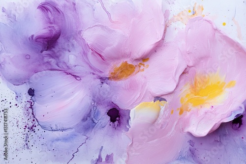 Fototapeta Naklejka Na Ścianę i Meble -  Vibrant watercolors blend and bloom to create an organic floral composition. Bold pigments mix unpredictably, with soft edges and splattered paint adding spontaneity