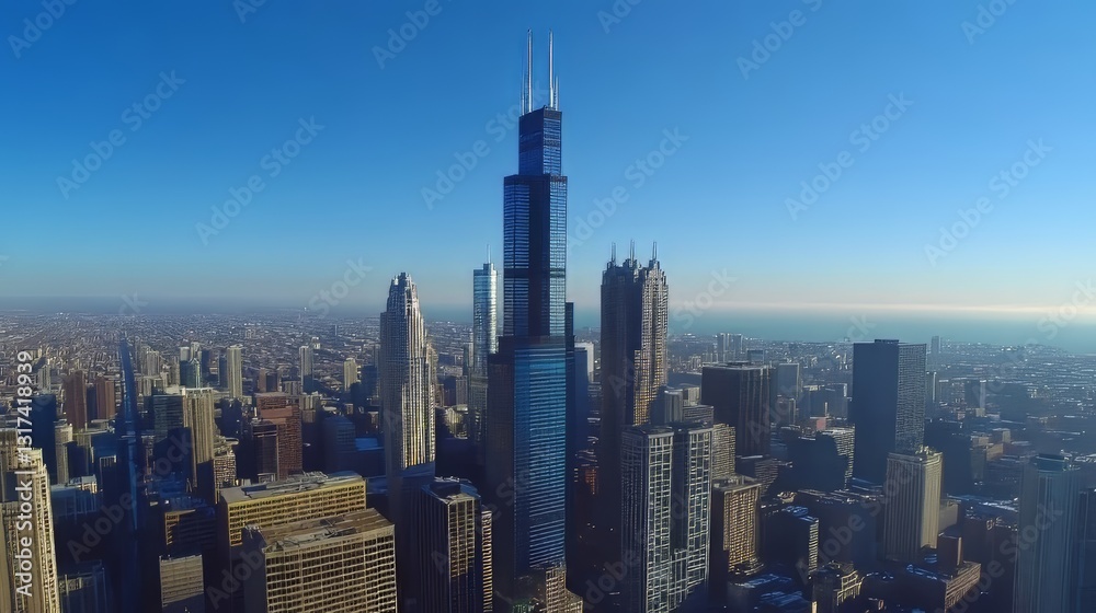 Obraz premium Aerial view of a vibrant city skyline with tall skyscrapers under a clear blue sky.