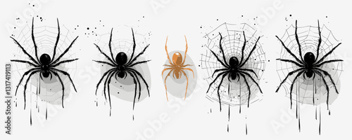 Flat linear spider icons set - detailed vector design with web elements.