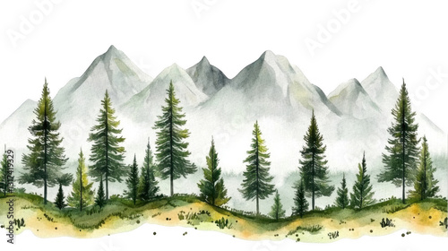 Serene Watercolor Landscape with Mountains and Evergreen Trees