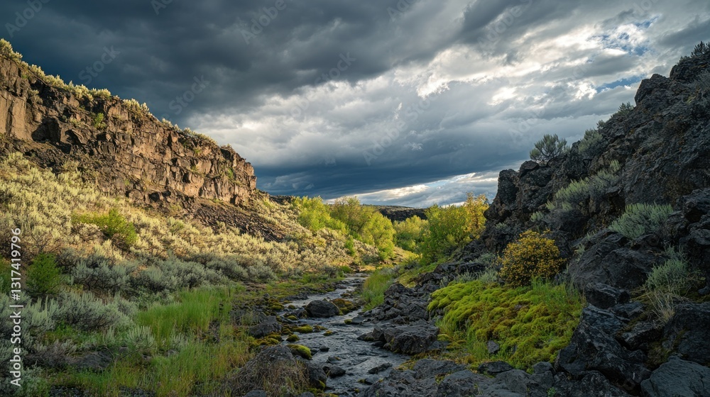 Serene Stream in Dramatic Landscape: A Canyon's Peaceful Embrace Under a Stormy Sky Serene Stream in Dramatic Landscape: A Canyon's Peaceful Embrace Under a Stormy Sky