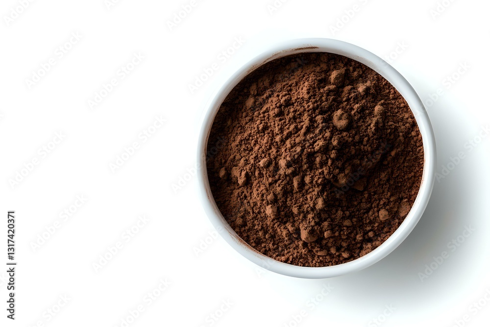 Ground cocoa powder in white ceramic bowl on white background, overhead view showing rich dark brown color and fine texture. Isolated food ingredient. Ground cocoa powder in white ceramic bowl on white background, overhead view showing rich dark brown color and fine texture. Isolated food ingredient.