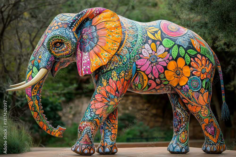 Obraz premium Holi. A majestic elephant with its trunk gracefully curled, covered in vibrant, intricate festival paint patterns