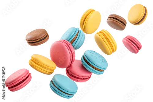 Wallpaper Mural Colorful macarons floating on white background-Assorted colorful macarons in mid-air isolated on a white background. French dessert featuring vibrant pink, yellow, blue, and brown cookies.

 Torontodigital.ca