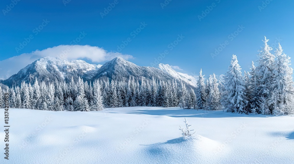 Snow Covered Pine Forest And Mountain Range Under Clear Blue Sky Snow Covered Pine Forest And Mountain Range Under Clear Blue Sky