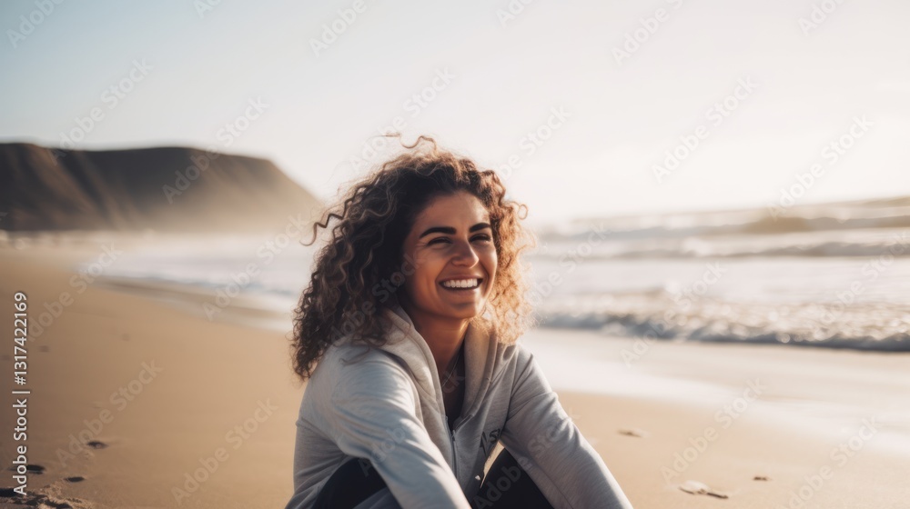 Joyful Woman at the Beach, Golden Hour Serenity Joyful Woman at the Beach, Golden Hour Serenity