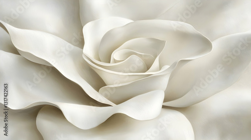 Close-up white rose sculpture, smooth petals, soft light, elegant background, perfect for wedding invitations