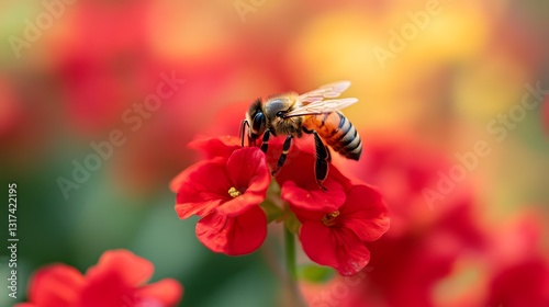Busy Bee on Red Flowers: Capturing the exquisite detail of a bee diligently collecting nectar from vibrant red flowers. a moment of delicate balance in a garden.