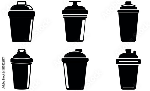 A collection of six black silhouette shaker bottles, showcasing various styles and shapes, from sports-style to cocktail shakers.