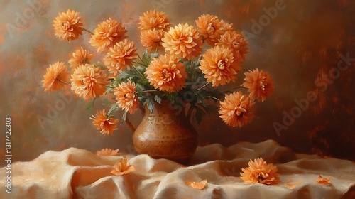 A traditional oil painting featuring chrysanthemums in shades of burnt sienna and gold, set in a handmade ceramic vase on a textured linen cloth, soft evening light casting shadows,