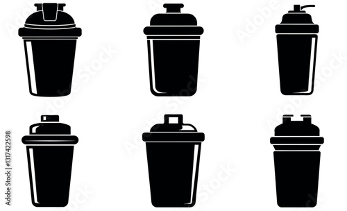 A collection of six black silhouette shaker bottles, showcasing various styles and shapes, from sports-style to cocktail shakers.