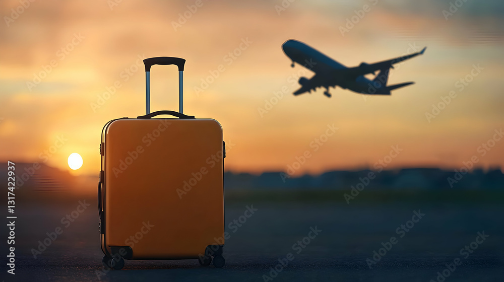 Orange Suitcase Stands On An Airport Runway At Sunset As Airplane Takes Off In The Golden Hour Light Orange Suitcase Stands On An Airport Runway At Sunset As Airplane Takes Off In The Golden Hour Light