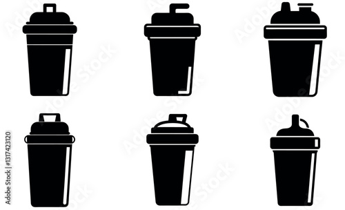A collection of six black silhouette shaker bottles, showcasing various styles and shapes, from sports-style to cocktail shakers.