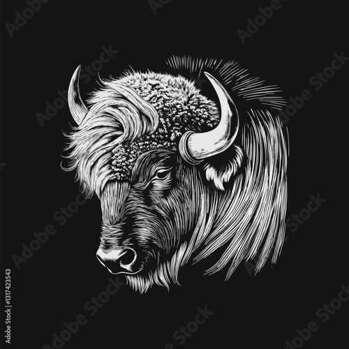 Bison Head Drawing - Detailed Horned Animal Illustration