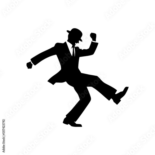 man in suit walking happy wear bowler hat	
