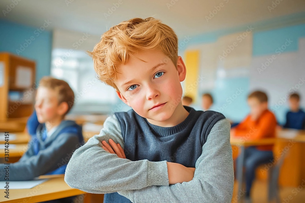 Young boy with blue eyes gazes thoughtfully while classmates work on assignments in a bright classroom Young boy with blue eyes gazes thoughtfully while classmates work on assignments in a bright classroom