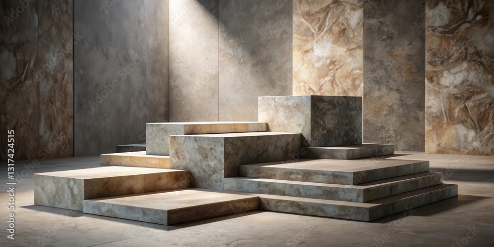 A rustic and modern concrete podium with a textured background and a dramatic light beam for product display A rustic and modern concrete podium with a textured background and a dramatic light beam for product display