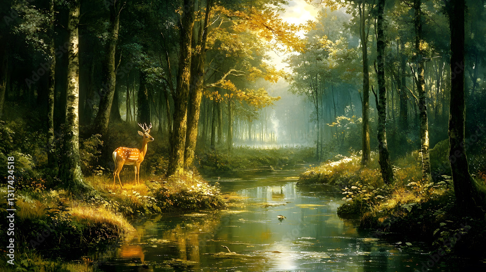 Fototapeta premium Mystical Forest Deer: A majestic deer stands gracefully beside a serene river, surrounded by lush foliage, creating a captivating landscape with sunlight, a sense of mystery.