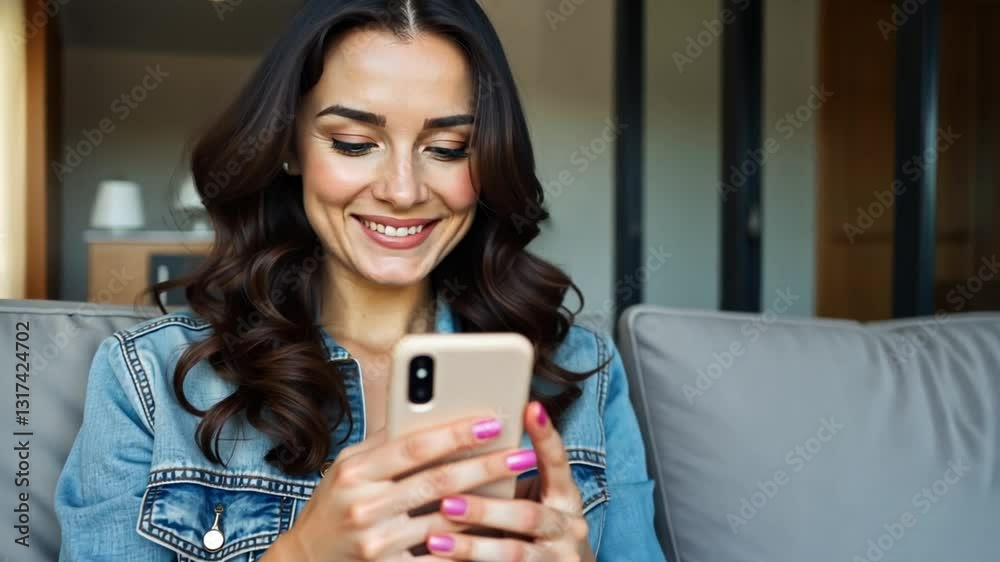 Smiling Young Woman in Denim Jacket Sitting on a Sofa Using Smartphone at Home, Enjoying Online Communication and Social Media Smiling Young Woman in Denim Jacket Sitting on a Sofa Using Smartphone at Home, Enjoying Online Communication and Social Media