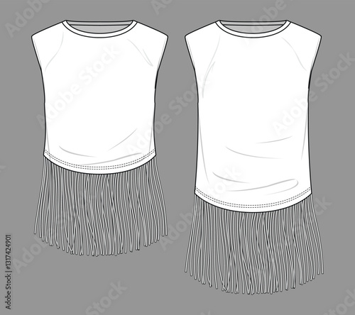 Vector drop shoulder T-Shirt with fringe fashion CAD, woman sleeveless tee technical drawing, sketch, template, flat, mock-up. Jersey fabric tank top set with tassel detail, front view, white color