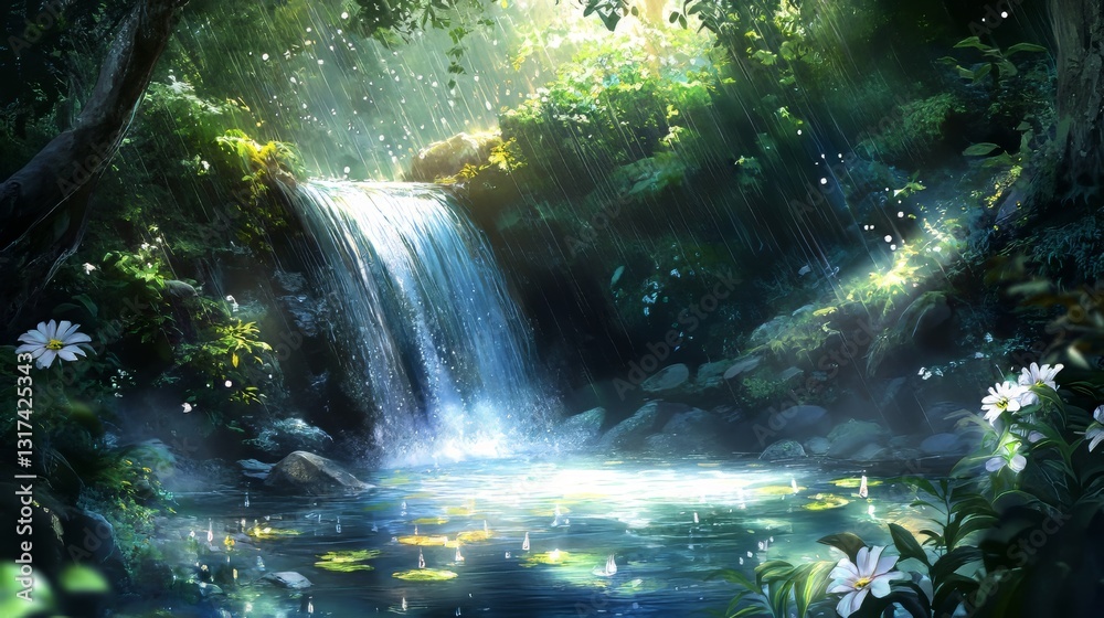 Fototapeta premium Tranquil forest scene with a cascading waterfall, illuminated by sunlight.