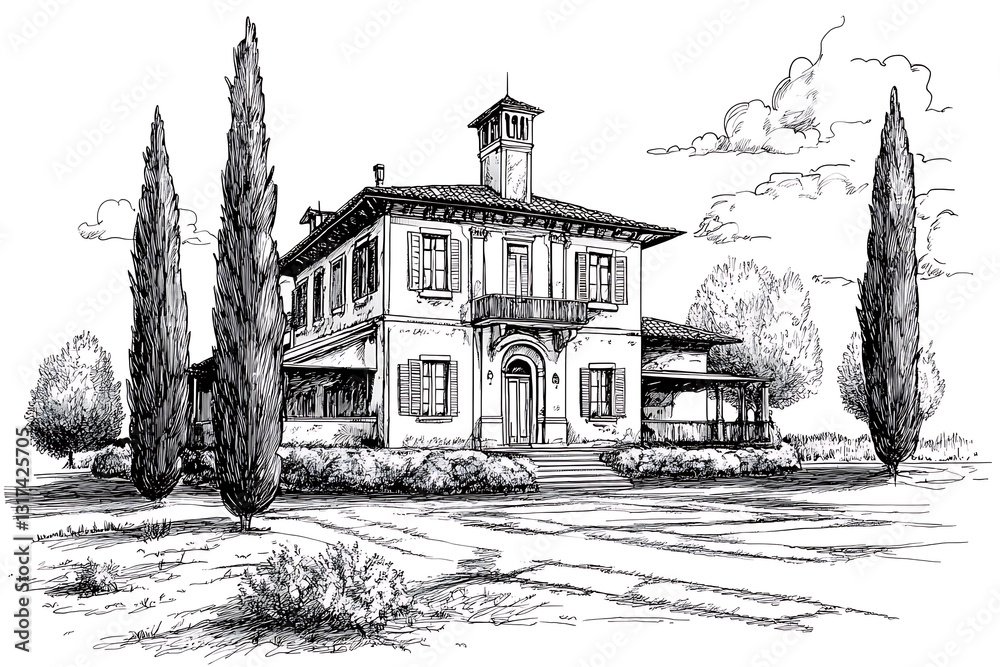 Fototapeta premium Ink sketch of a villa with cypress trees showcasing architectural details and the surrounding landscape.