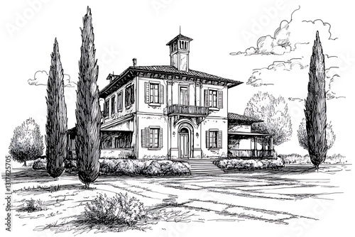 Ink sketch of a villa with cypress trees showcasing architectural details and the surrounding landscape.